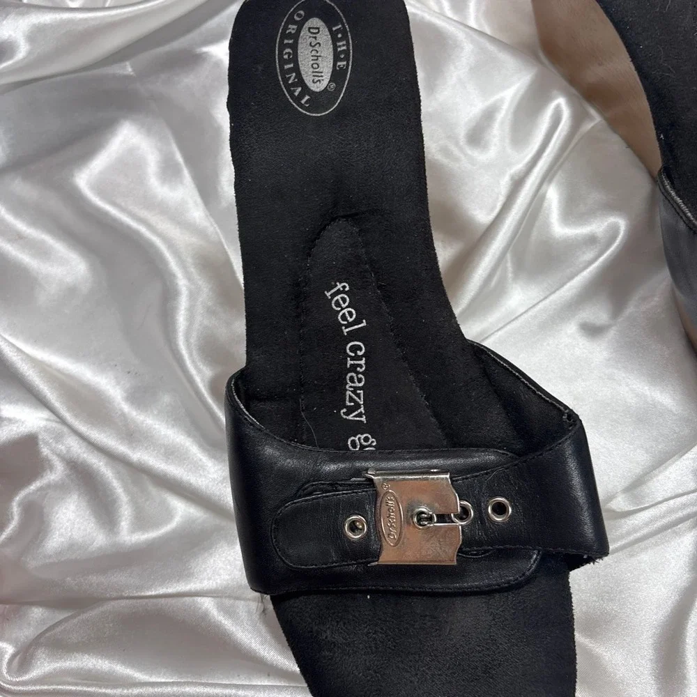 y2k Dr. Scholl's Wedge Sandals Black Excellent Leather Buckle Slide Platform 10M